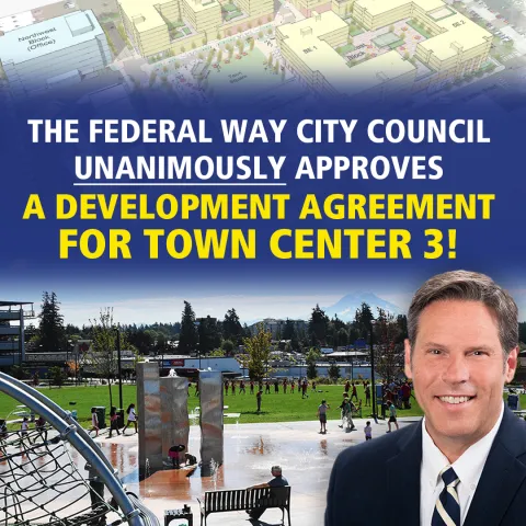 Mayor Ferrell Smiling With Photo of Town Square Park and TC-3 Development Plans as Council Unanimously Agrees on Development Agreement