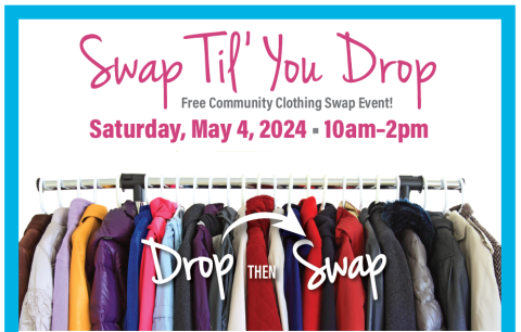 A flyer with clothing on a rack telling date and time of a clothing swap event