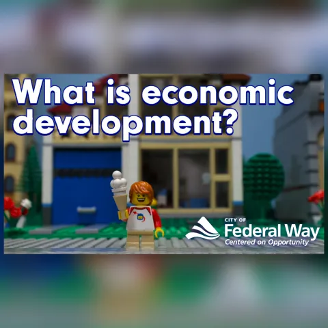 Lego person holding ice cream with text above: "What is economic development?"